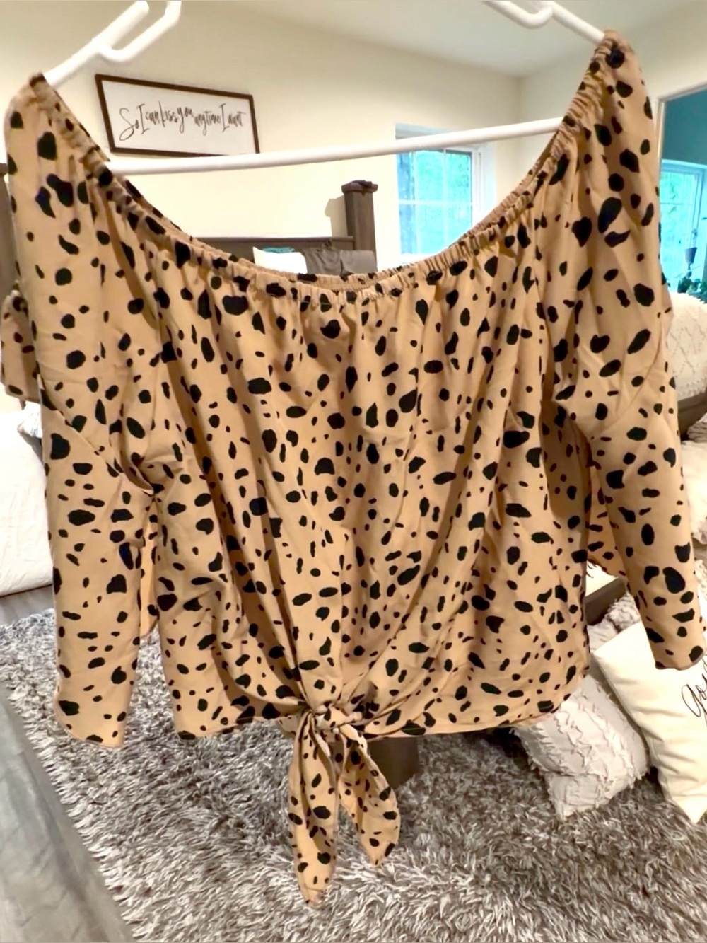 Beige Off-Shoulder Blouse with Black Spot Print